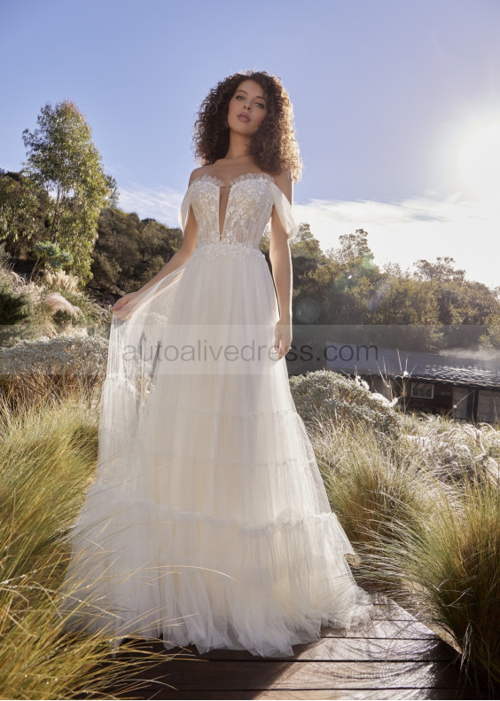 Off Shoulder Beaded Ivory Lace Gathered Tulle Wedding Dress